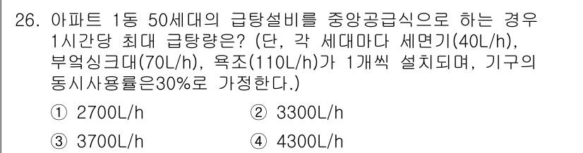 건축설비기사 2018년 26번 - 정답 2번, 3300L/h이다. 각 세대당 급탕량은 40L/h이며, 총 ... 에 관한 핵심 기출문제