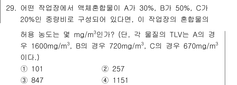 산업위생관리기사 2018년 29번 - 정답은 3번(847 mg/m³)입니다. 이는 각 물질의 허용 농도를 바탕... 에 관한 핵심 기출문제