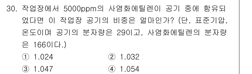 산업위생관리기사 2018년 30번 - 작업장에 5000 ppm의 사염화탄소가 포함되어 있을 때, 공기 중의 비... 에 관한 핵심 기출문제