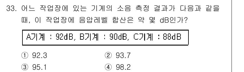 산업위생관리기사 2018년 33번 - 소음 측정 결과가 92dB인 경우, 이를 기준으로 다른 기계의 소음 수준... 에 관한 핵심 기출문제