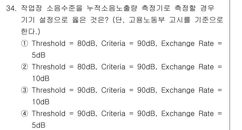 산업위생관리기사 2018년 34번 - 작업장 소음 수준의 기준은 고용노동부 기준에 따라 설정해야 하며, 이 경... 에 관한 핵심 기출문제