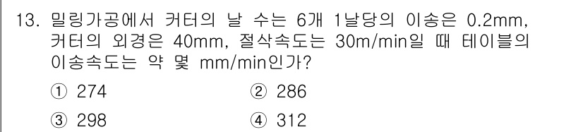 생산자동화산업기사 2018년 13번 - 문제에서 주어진 데이터를 바탕으로 밀링 가공에서 커터의 날 수에 따른 이... 에 관한 핵심 기출문제