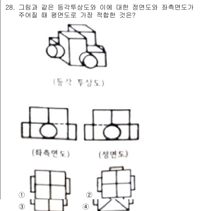 생산자동화산업기사 2018년 28번 - 정답이 4번인 이유는 도면에서 나타나는 형태가 특정 평면에서 투영될 때,... 에 관한 핵심 기출문제