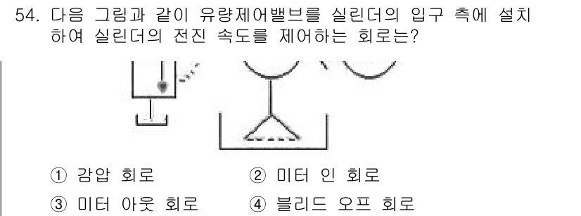 생산자동화산업기사 2018년 54번 - 정답은 2번 **미터 인 회로**입니다. 유압 시스템에서 실린더의 전진 ... 에 관한 핵심 기출문제