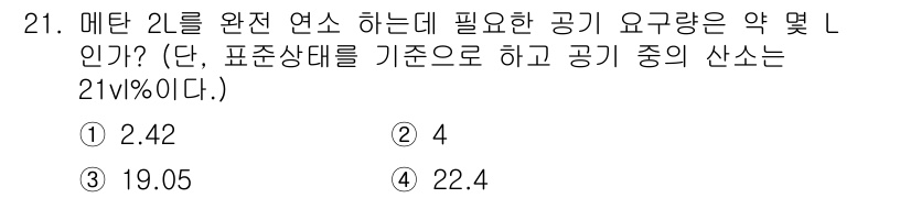 위험물기능장 2015년 21번 - 위험물 저장소에서 메탄 2L의 연소를 위해 필요한 공기량은 메탄의 완전 ... 에 관한 핵심 기출문제