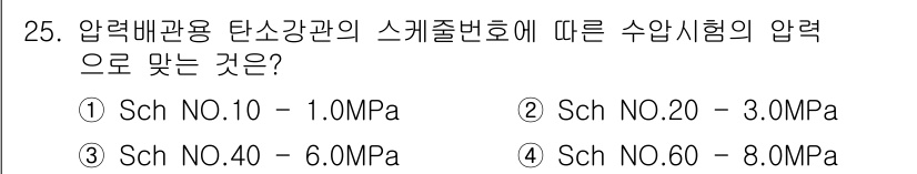 배관기능장 2015년 25번 - Sch NO.10은 최대 허용 압력이 1.0MPa로 설계되어 있어, 압력... 에 관한 핵심 기출문제
