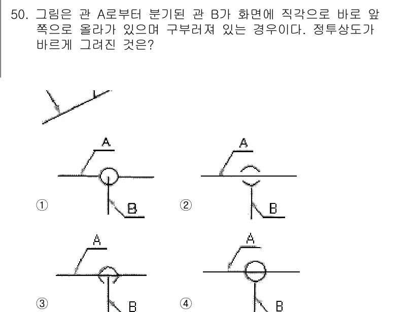 배관기능장 2015년 50번 - 정답 5번입니다. A관에서 B관이 수직으로 나오는 경우, B관의 수직 방... 에 관한 핵심 기출문제