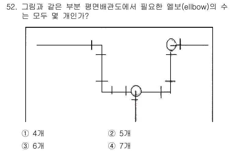 배관기능장 2015년 52번 - 그림에서 두 개의 엘보가 필요하며, 두 개의 수직 배관이 서로 연결되어 ... 에 관한 핵심 기출문제