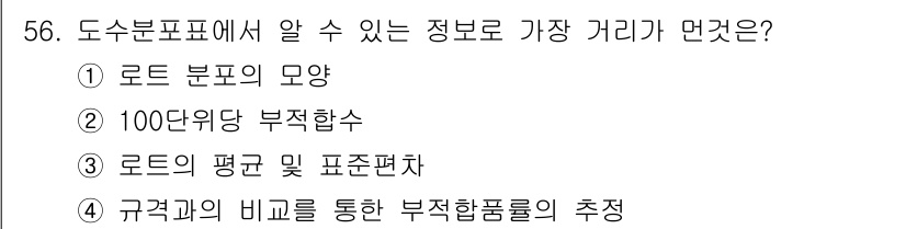 배관기능장 2015년 56번 - 도수분포표는 데이터를 정리하여 분포를 확인할 수 있게 해주며, 규격과의 ... 에 관한 핵심 기출문제