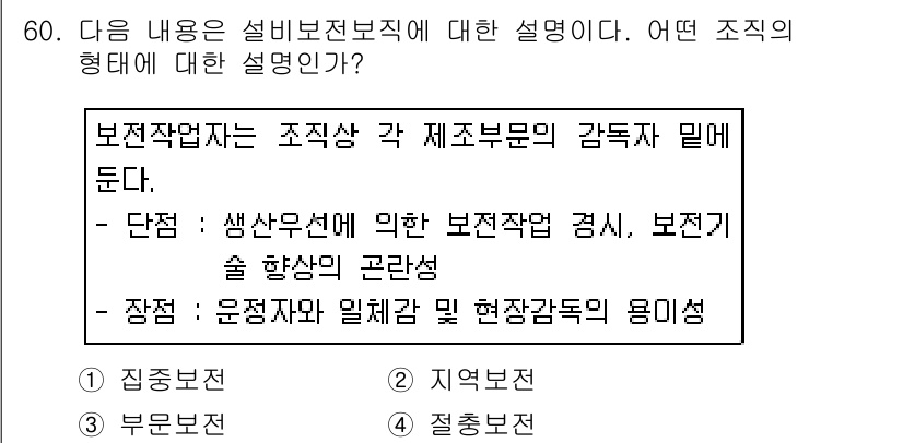 배관기능장 2016년 60번 - 정답은 3번 "부문보전"이다. 보전작업자는 특정 제품 부문의 감독자와 협... 에 관한 핵심 기출문제