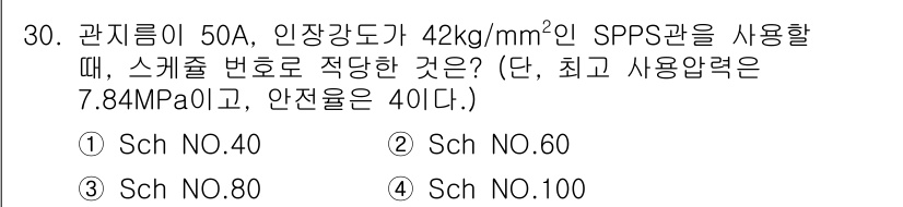 배관기능장 2018년 31번 - 문제에서 주어진 관지름과 인장강도를 바탕으로, 필요한 스케줄 번호를 계산... 에 관한 핵심 기출문제