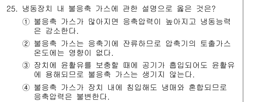 공조냉동기계산업기사 2018년 25번 - 4번이 정답인 이유는 불응축 가스를 장치 내부에서 냉매와 혼합될 경우, ... 에 관한 핵심 기출문제