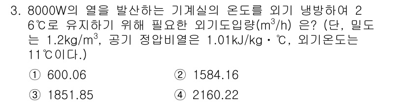 공조냉동기계산업기사 2018년 3번 - 기계실의 열발생량과 외기 온도를 고려하여 필요 환기량을 계산합니다. 주어... 에 관한 핵심 기출문제