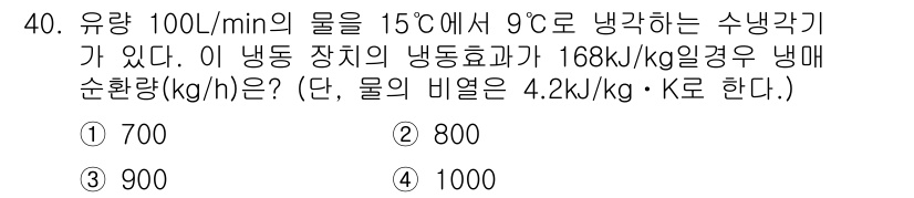 공조냉동기계산업기사 2018년 40번 - 유량 100 L/min = 0.1 m³/min이며, 이를 kg으로 변환하... 에 관한 핵심 기출문제