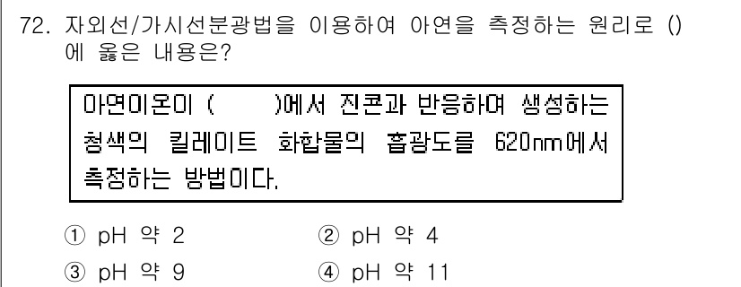 수질환경기사 2018년 73번 - 마연미온이 진공과 반응하여 생성하는 청색의 림피트 화합물은 특정 파장 영... 에 관한 핵심 기출문제