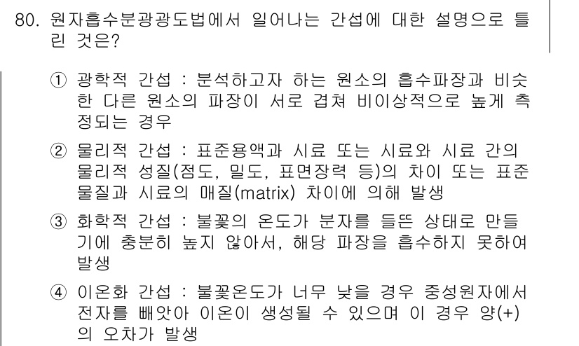 수질환경기사 2018년 81번 - 원자흡수분광법에서는 특정 원소의 흡수 파장을 분석하여 그 농도를 정량적으... 에 관한 핵심 기출문제