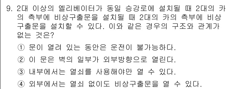 승강기기사 2018년 9번 - 외부에서는 열쇠를 사용해 비상구출문을 열 수 있어야 하는데, 이는 안전사... 에 관한 핵심 기출문제