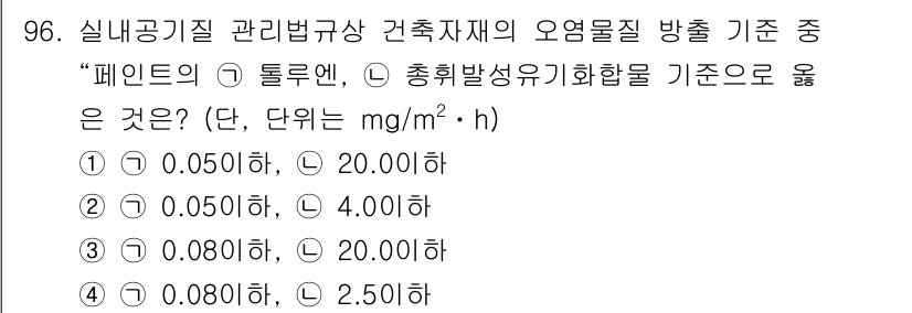 대기환경기사 2018년 99번 - 정답 9번으로, 기준인 '페닐렌'의 총휘발성유기화합물 기준은 20.0 m... 에 관한 핵심 기출문제