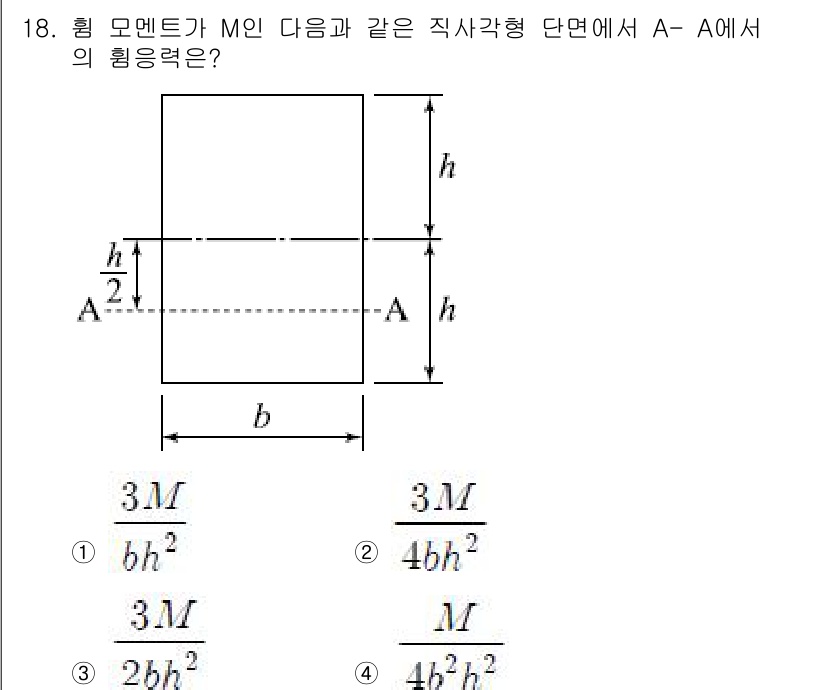 토목기사 2018년 18번 - 홀 모멘트 M이 작용하는 경우, A-A 단면에서의 전단력과 모멘트를 고려... 에 관한 핵심 기출문제