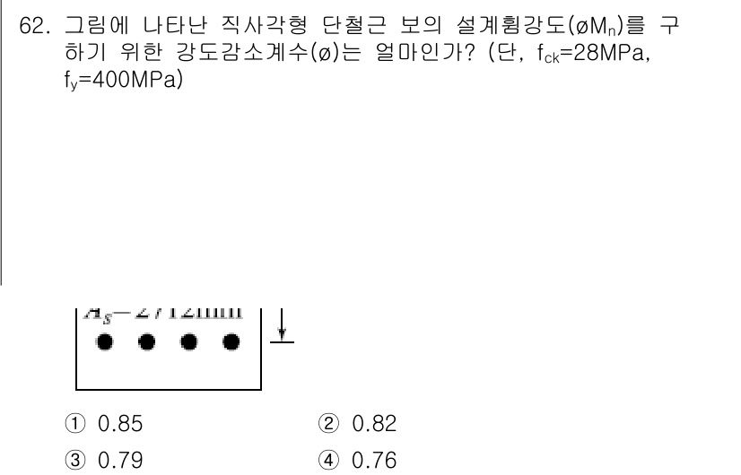 토목기사 2018년 62번 - 주어진 문제는 직사각형 단면의 설계 휨강도를 구하는 것으로, 주어진 재료... 에 관한 핵심 기출문제