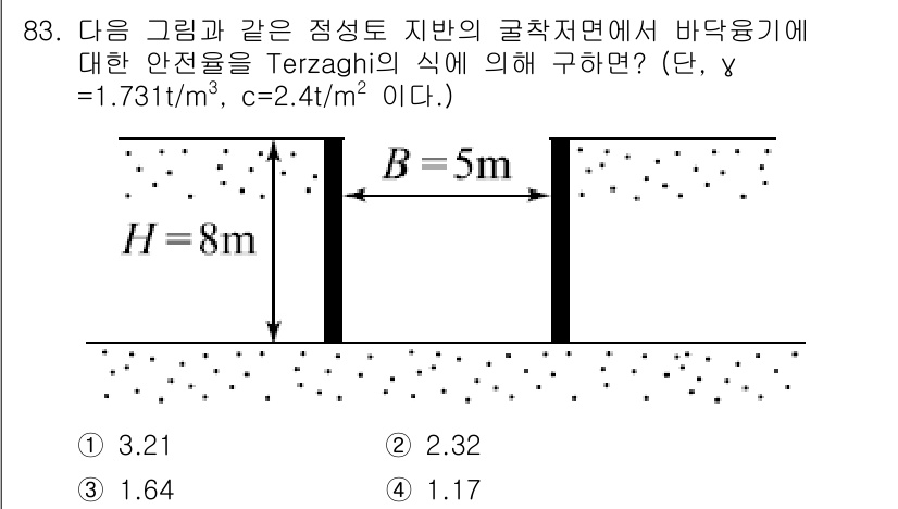 토목기사 2018년 83번 - 주어진 조건에서 Terzaghi의 식을 사용하여 수압을 계산합니다. H(... 에 관한 핵심 기출문제