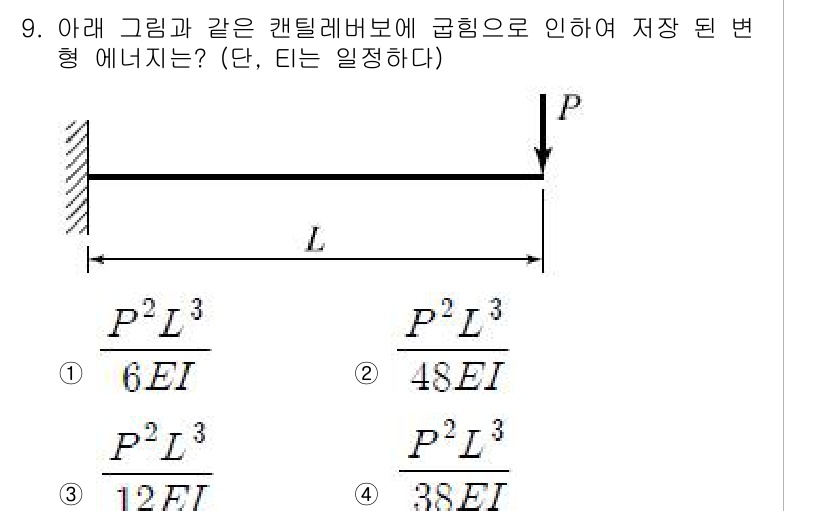 토목기사 2018년 9번 - 이 문제는 변형 에너지를 구할 때 적용할 수 있는 캔틸레버 보의 변형 에... 에 관한 핵심 기출문제