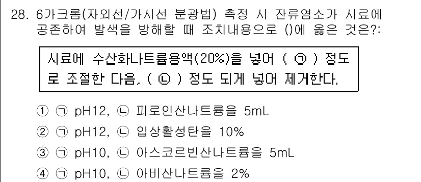 토양환경기사 2018년 28번 - 가교룔 측정 시 잔류엉소가 발생하지 않도록 하기 위해서는 수산화물의 농도... 에 관한 핵심 기출문제