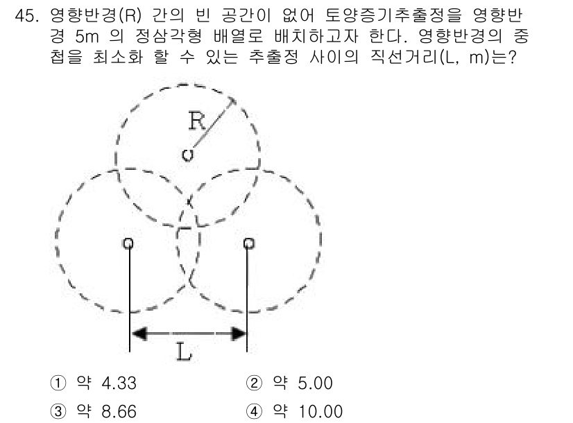 토양환경기사 2018년 45번 - 영향반경(R) 간의 빈 공간이 없고, 도양증기추출점이 영향을 받는 형태에... 에 관한 핵심 기출문제