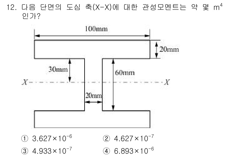일반기계기사 2018년 12번 - 관성모멘트 \( I \)는 단면의 기하학적 특성으로, 이중 T형 단면의 ... 에 관한 핵심 기출문제