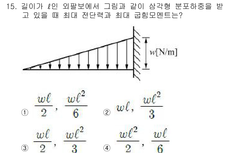일반기계기사 2018년 15번 - 주어진 문제는 균일한 하중을 받는 외팔보의 최대 전단력과 최대 굽힘 모멘... 에 관한 핵심 기출문제