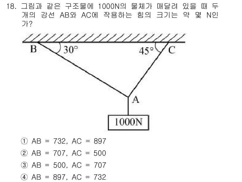 일반기계기사 2018년 18번 - 문제에서 주어진 구조물은 평형 상태에 있으며, 각 힘의 성분을 고려해야 ... 에 관한 핵심 기출문제