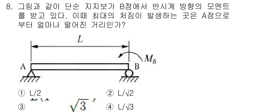 일반기계기사 2018년 8번 - 모멘트의 최대값은 지지점에서의 반응 모멘트에 의해 결정된다. A에서 B까... 에 관한 핵심 기출문제