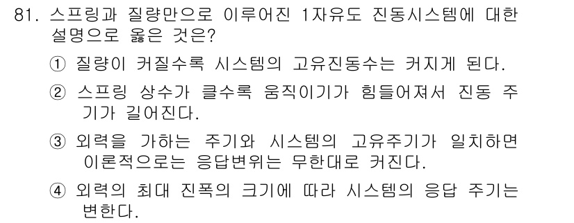 일반기계기사 2018년 81번 - 3번이 정답인 이유는, 외력을 가하는 주기가 시스템의 고유주파수와 일치할... 에 관한 핵심 기출문제