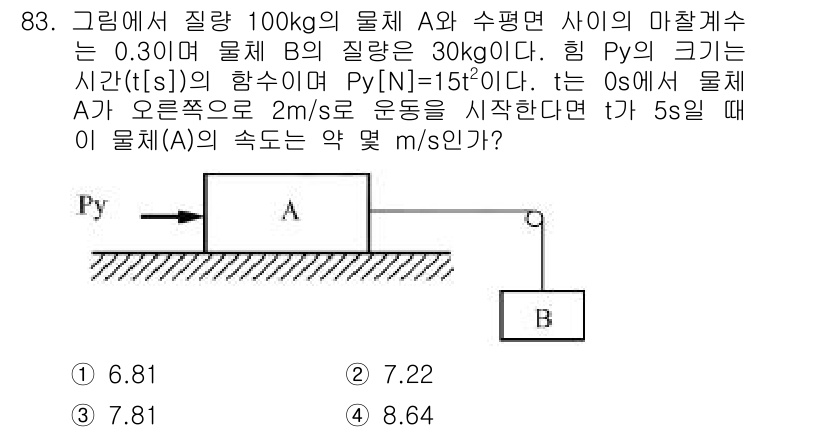 일반기계기사 2018년 83번 - 물체 A의 질량은 100kg이고, 물체 B의 질량은 30kg입니다. 물체... 에 관한 핵심 기출문제
