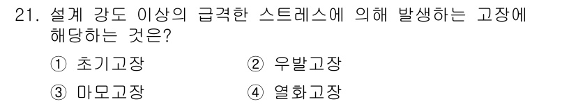 건설안전산업기사 2018년 21번 - 설계 강도 이상의 급격한 스트레스로 인해 발생하는 고장은 '초기 고장'에... 에 관한 핵심 기출문제