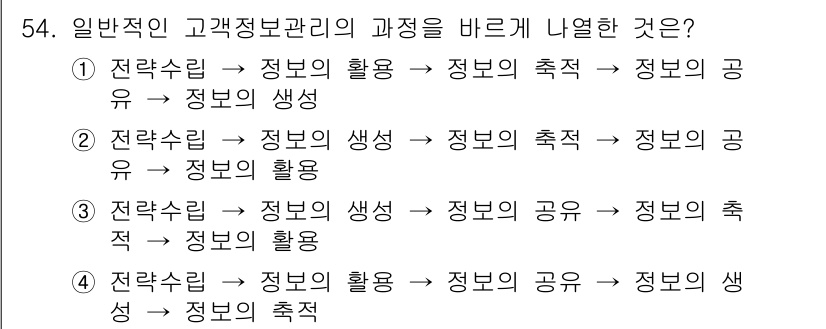 소비자전문상담사_2급 2016년 54번 - 번. 

이유: 일반적인 고객정보 관리 과정은 정보의 생성에서 시작하여 ... 에 관한 핵심 기출문제