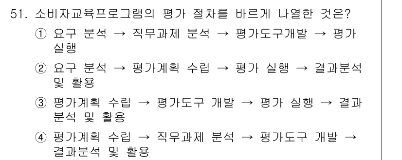 소비자전문상담사_2급 2017년 51번 - . 

정답인 이유는 소비자교육프로그램의 평가 절차가 단계적으로 이루어지... 에 관한 핵심 기출문제