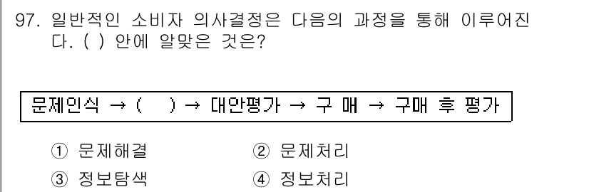 소비자전문상담사_2급 2017년 97번 - 일반적인 소비자 의사결정 과정에서 문제 인식 이후 대안 평가를 거쳐 구입... 에 관한 핵심 기출문제
