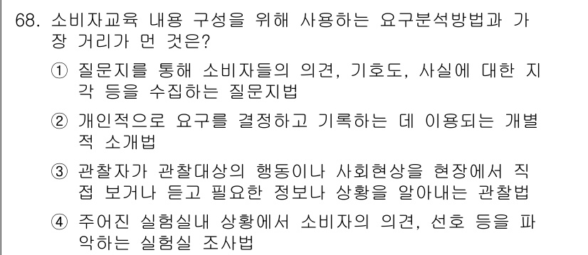 소비자전문상담사_2급 2018년 68번 - . 질문지를 통해 소비자들의 의견, 기호, 사실에 대한 직각 등을 수집하... 에 관한 핵심 기출문제
