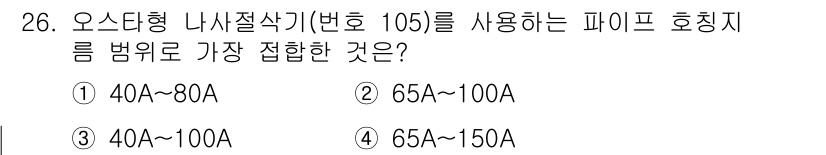 배관기능사 2015년 26번 - 오스터형 내사절삭기(번호 10)는 파이프 호칭지름 범위가 40A~100A... 에 관한 핵심 기출문제