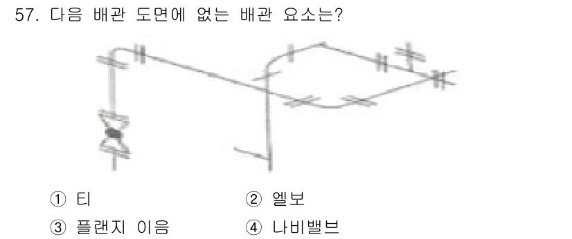 배관기능사 2015년 57번 - 정답은 4번 '나비밸브'입니다. 주어진 배관 도면에서 나비밸브는 유체의 ... 에 관한 핵심 기출문제