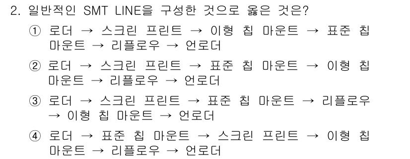 표면실장장비기능사 2015년 2번 - 정답 2는 SMT 라인의 흐름이 효율적으로 구성되어 있기 때문입니다. 로... 에 관한 핵심 기출문제