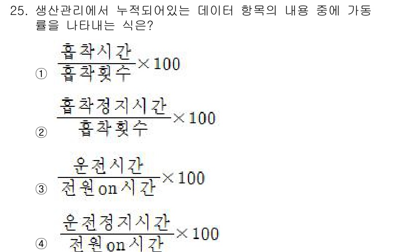 표면실장장비기능사 2015년 25번 - 번. 

생산 관리에서 가동률을 나타내는 식은 실제 운영 시간과 가용 시... 에 관한 핵심 기출문제