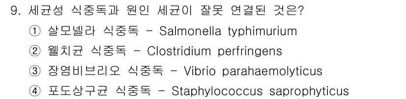 조리산업기사(공통) 2015년 9번 - 장염비브리오(Vibrio parahaemolyticus)는 주로 해산물에... 에 관한 핵심 기출문제