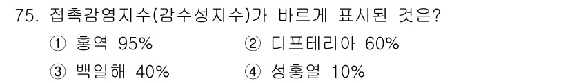 조리산업기사(공통) 2018년 75번 - 접촉감염지수는 감염의 전파 가능성을 나타내며, 일반적으로 홍열이 가장 높... 에 관한 핵심 기출문제