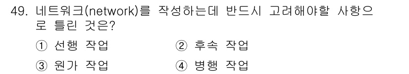 건설재료시험산업기사 2015년 49번 - . 실행 작업  
네트워크를 작성할 때는 작업 간의 관계와 순서를 명확히... 에 관한 핵심 기출문제