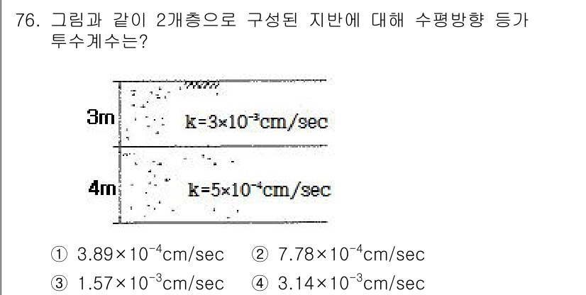 건설재료시험산업기사 2015년 76번 - 두 개의 지반이 각각 다른 비전도(k)를 가지므로, 전체적인 투수계수를 ... 에 관한 핵심 기출문제