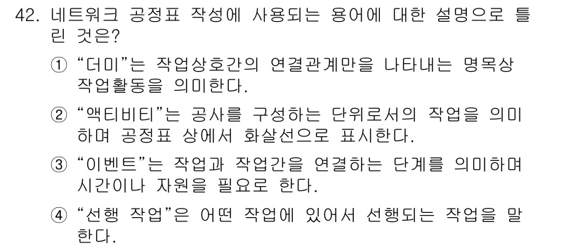 건설재료시험산업기사 2016년 42번 - . 

"선행 작업"은 어떤 작업이 완료된 후에 진행되어야 하는 작업을 ... 에 관한 핵심 기출문제