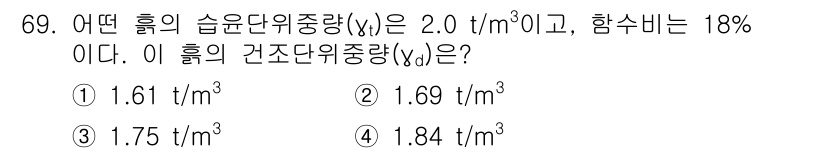 건설재료시험산업기사 2017년 69번 - 해설: 주어진 슬운단위중량(γ)과 함수비(ω)를 이용하여 건조단위중량(γ... 에 관한 핵심 기출문제