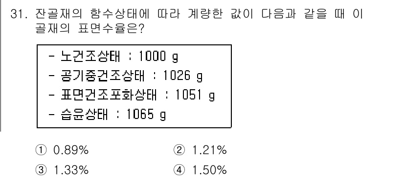 건설재료시험산업기사 2018년 31번 - 잔골재의 함수상태에 따른 갱신된 값에 따라 공기 건조 상태와 포화 상태의... 에 관한 핵심 기출문제